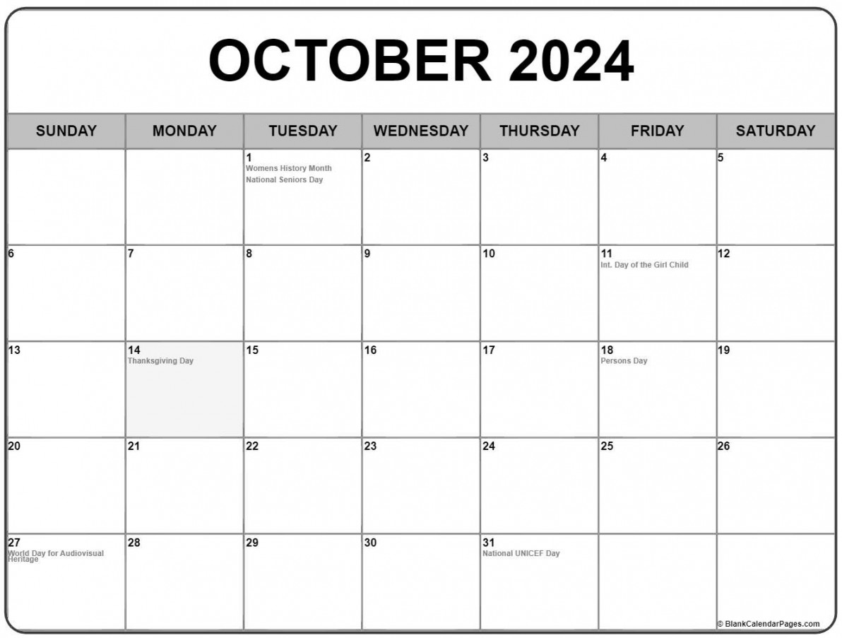October  with holidays calendar
