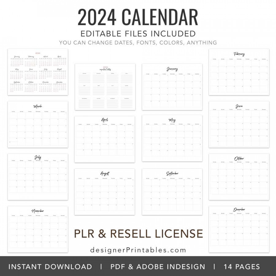 PLR / ReSell  Monthly Calendar Printable - PDF & Adobe InDesign