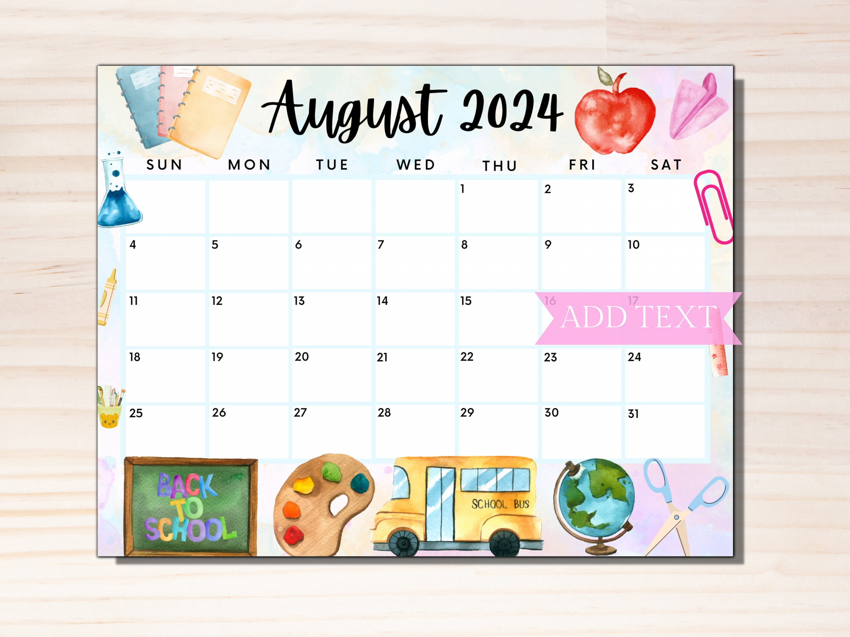 Printable August  Calendar, Editable Calendar , Cute Back