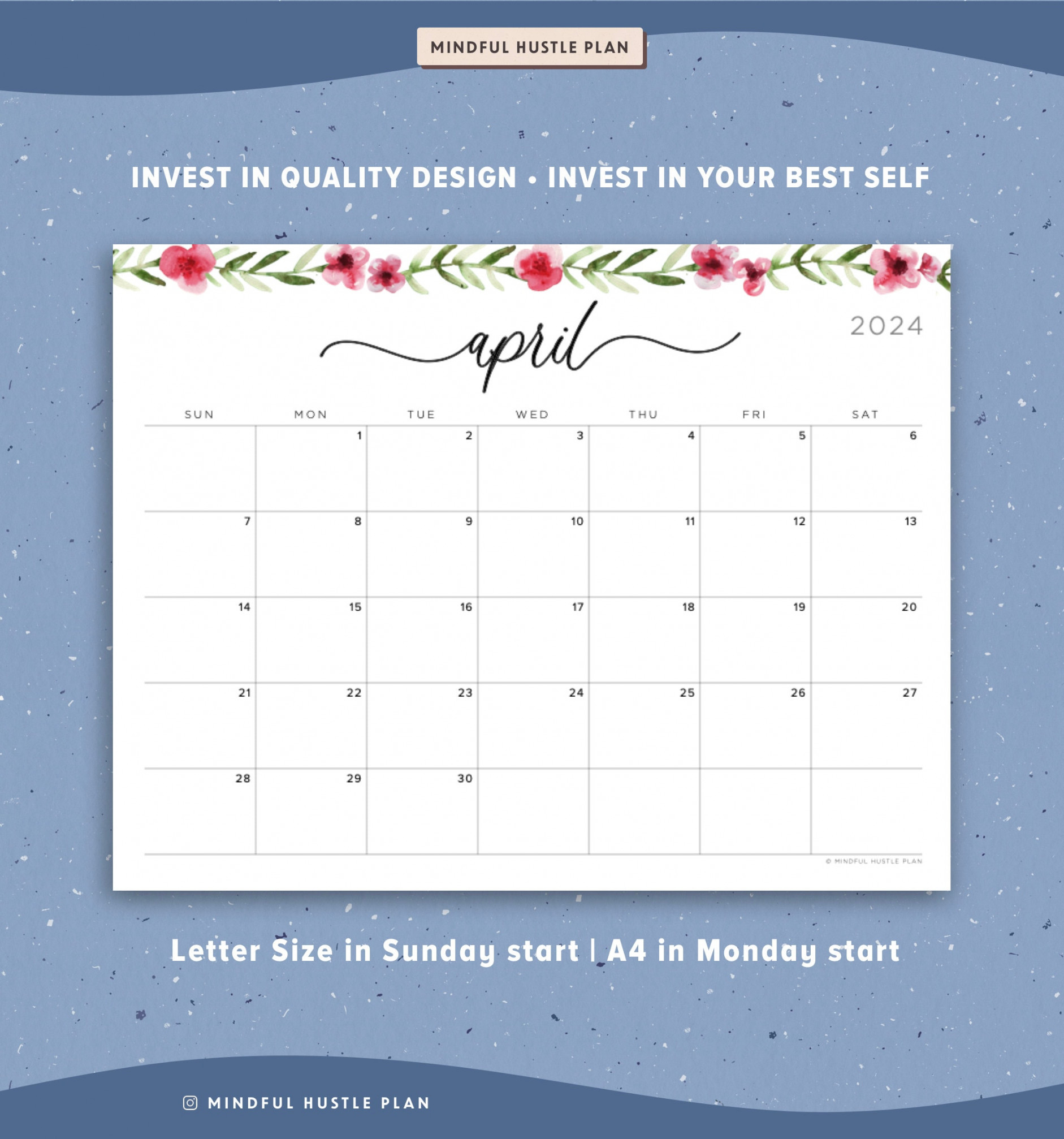 Printable Calendar, Horizontal Floral Watercolor Calligraphy