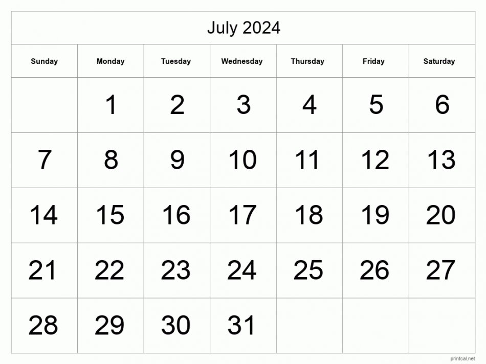 Printable July  Calendar - Big Dates