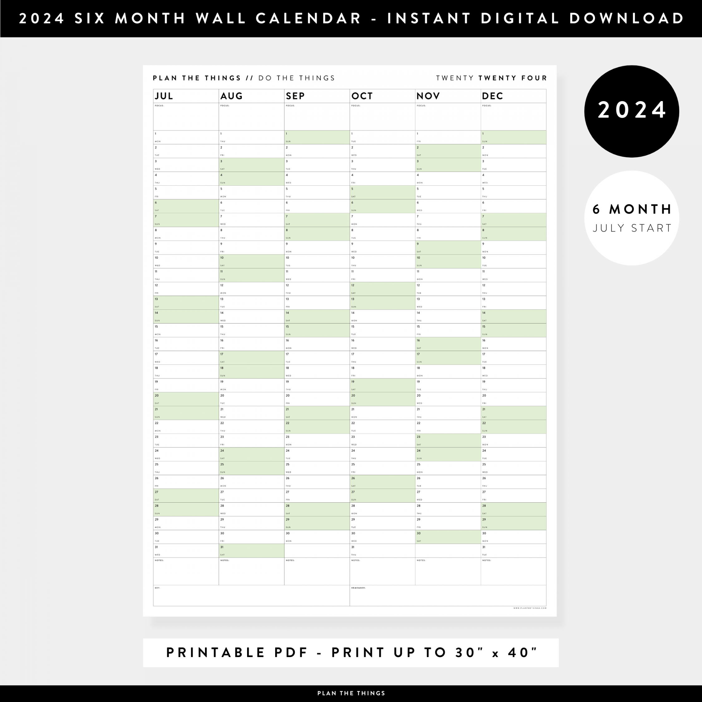 PRINTABLE SIX MONTH  WALL CALENDAR (JULY TO DECEMBER) WITH