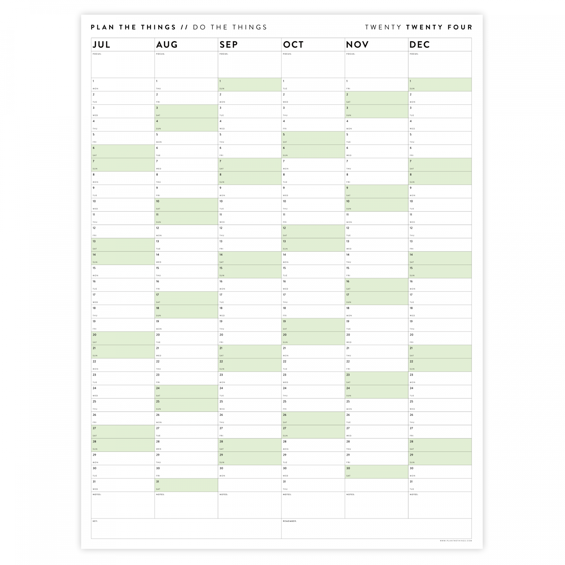PRINTABLE SIX MONTH  WALL CALENDAR SET WITH GREEN WEEKENDS