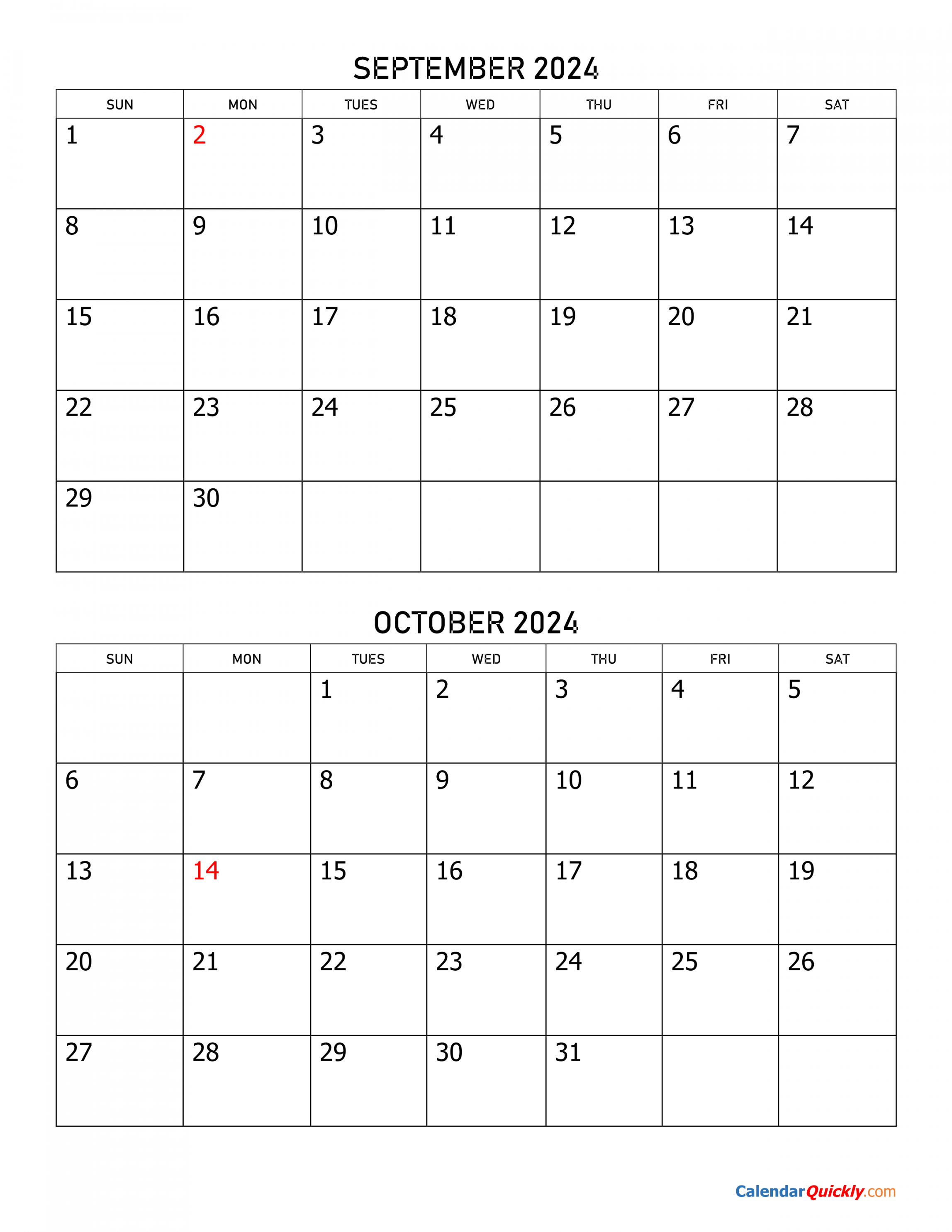 September and October  Calendar  Calendar Quickly