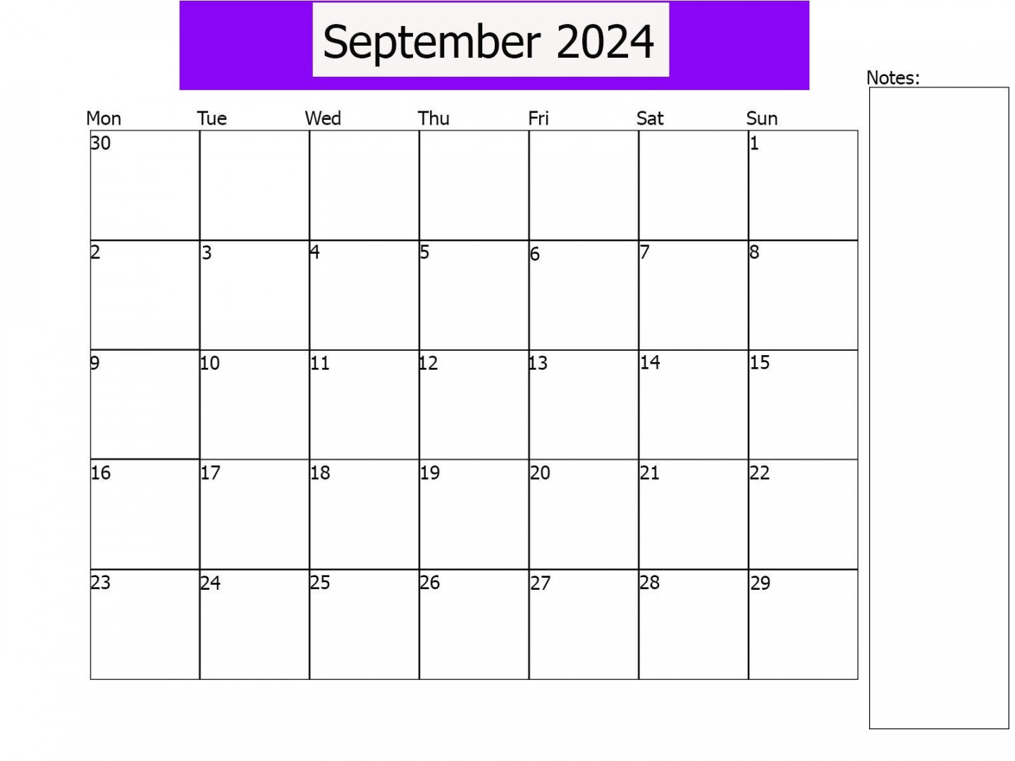 September  Calendar, September Printable, HORIZONTAL PRINT