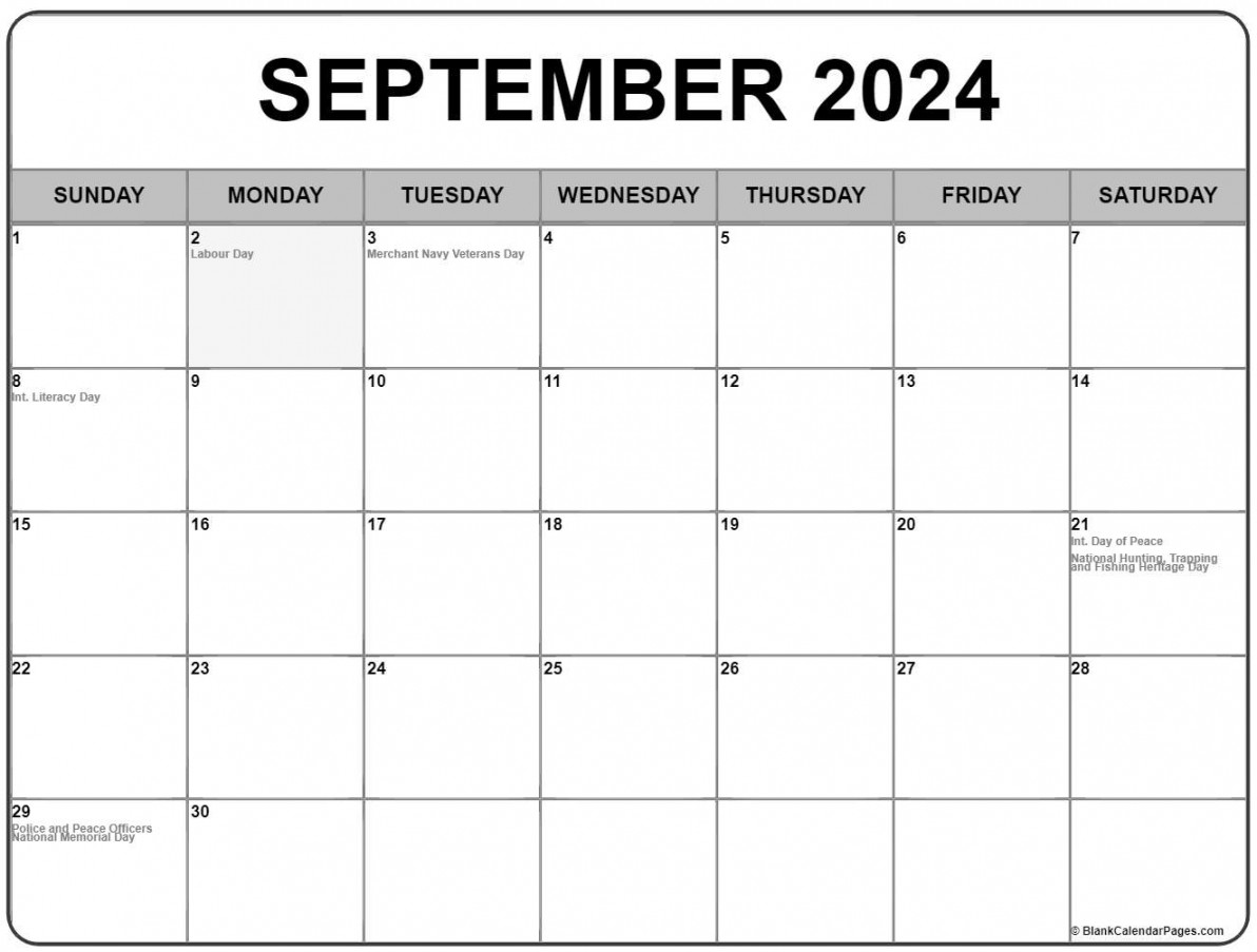 September  with holidays calendar