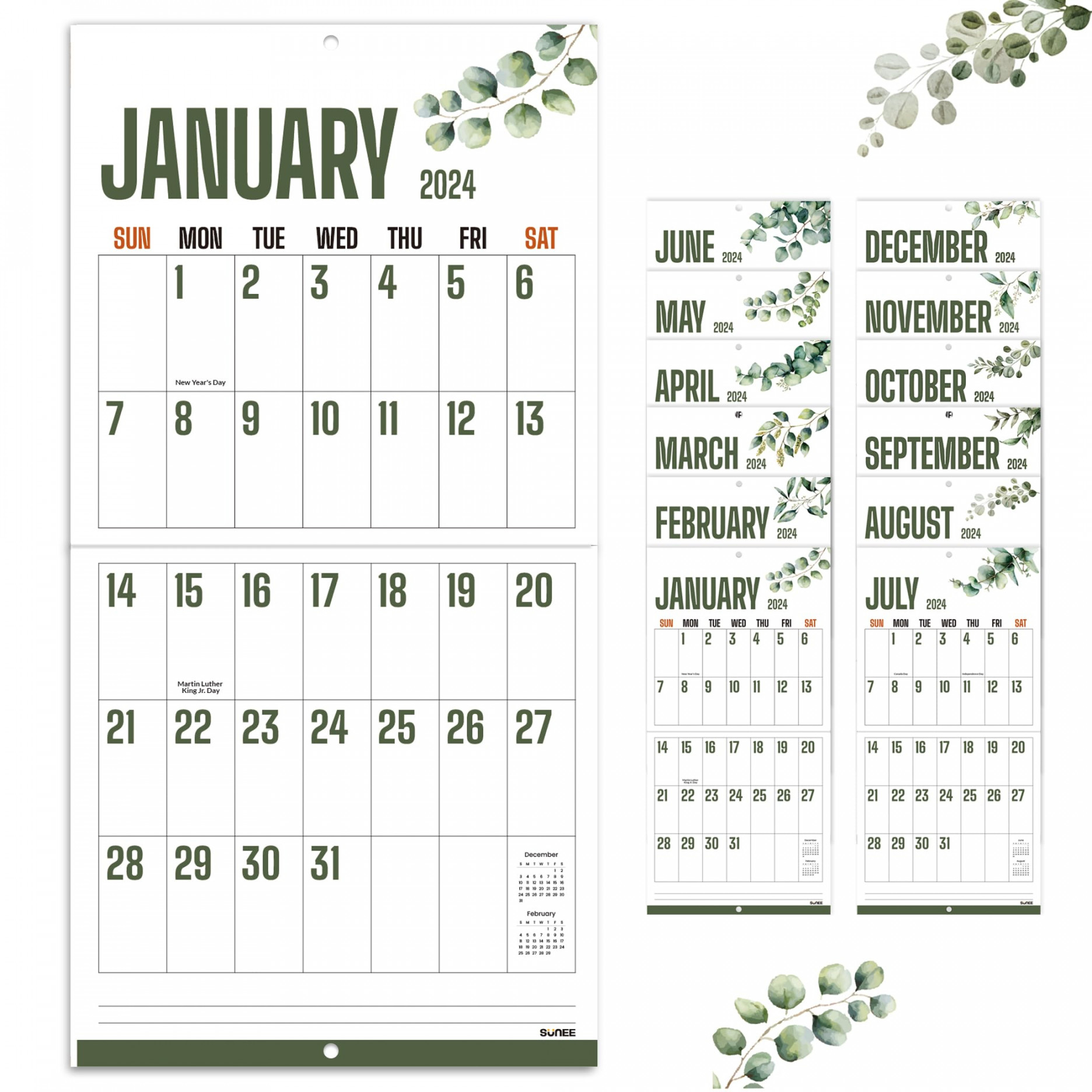 SUNEE  Large Print Wall Calendar  x , Now to December , Hanging  Big Grid Monthly Calendar, Leaves Pattern