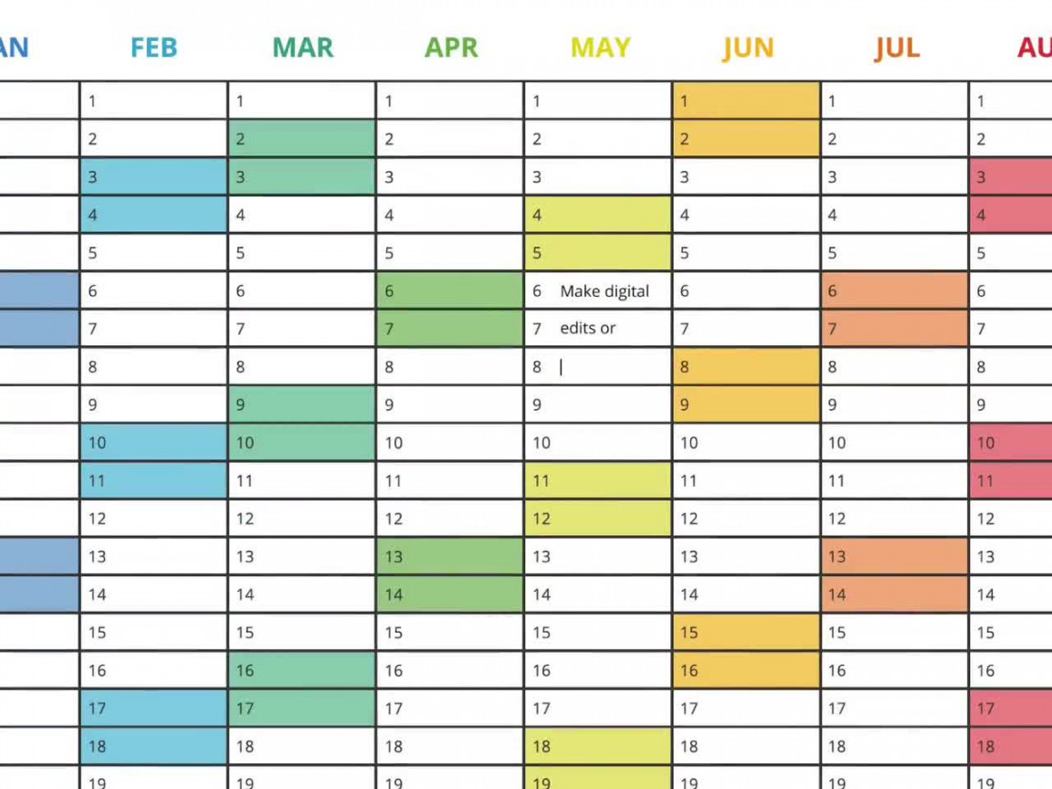 Year Calendar PDF and Excel doc  Printable and Editable calendar   Rainbow Calendar  A, A & US Letter  Instant Digital Download