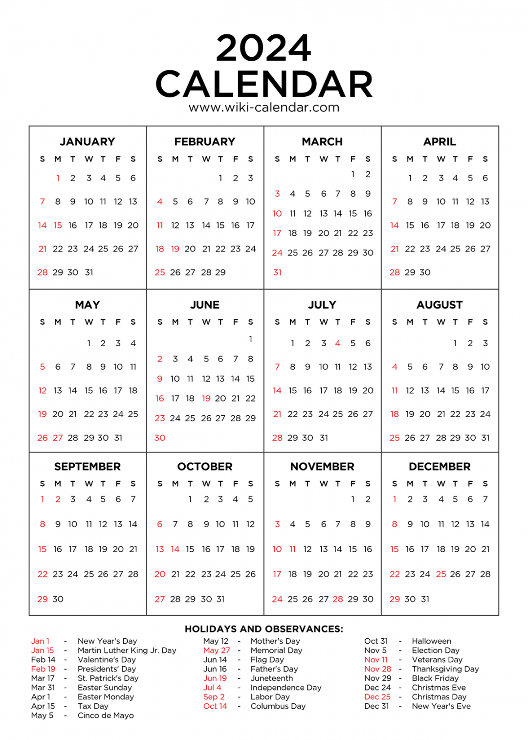 Year  Calendar Printable with Holidays - Wiki Calendar