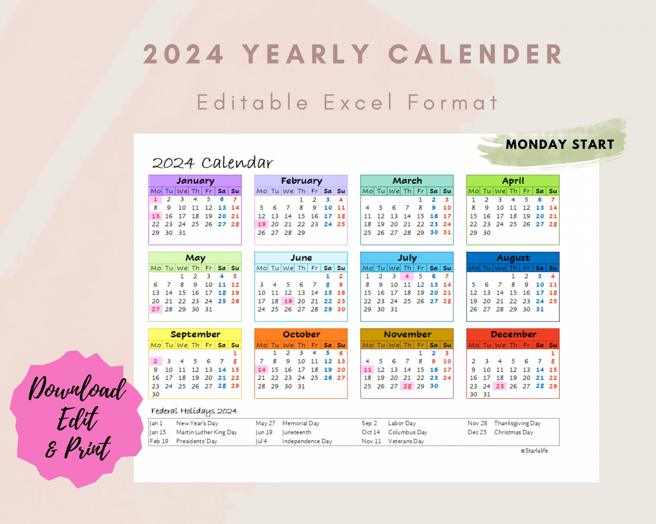 Yearly One Page Excel Calendar