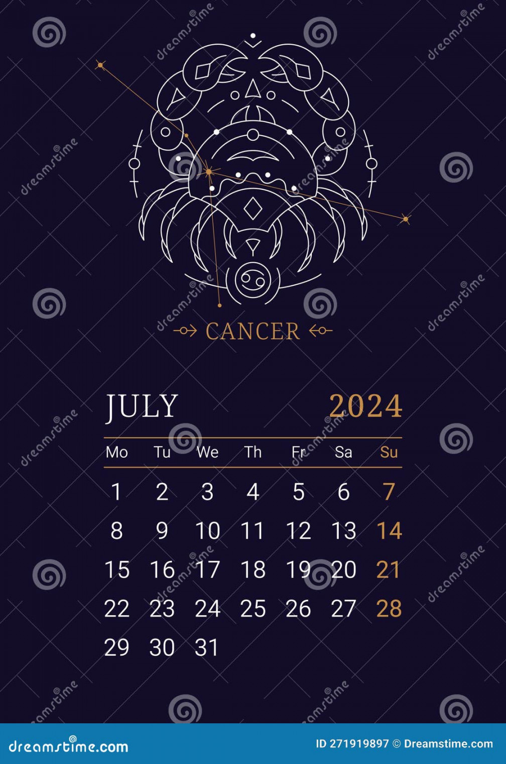 Astrology Wall Monthly Calendar with Cancer, Zodiac Sign