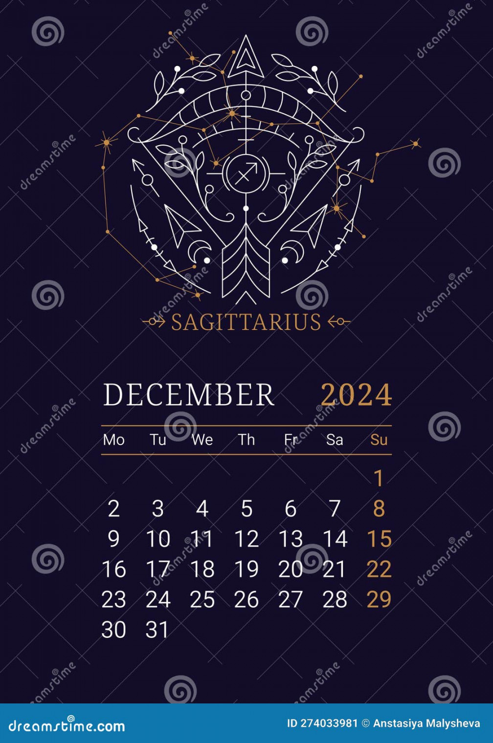 Astrology wall monthly calendar with sagittarius zodiac sign