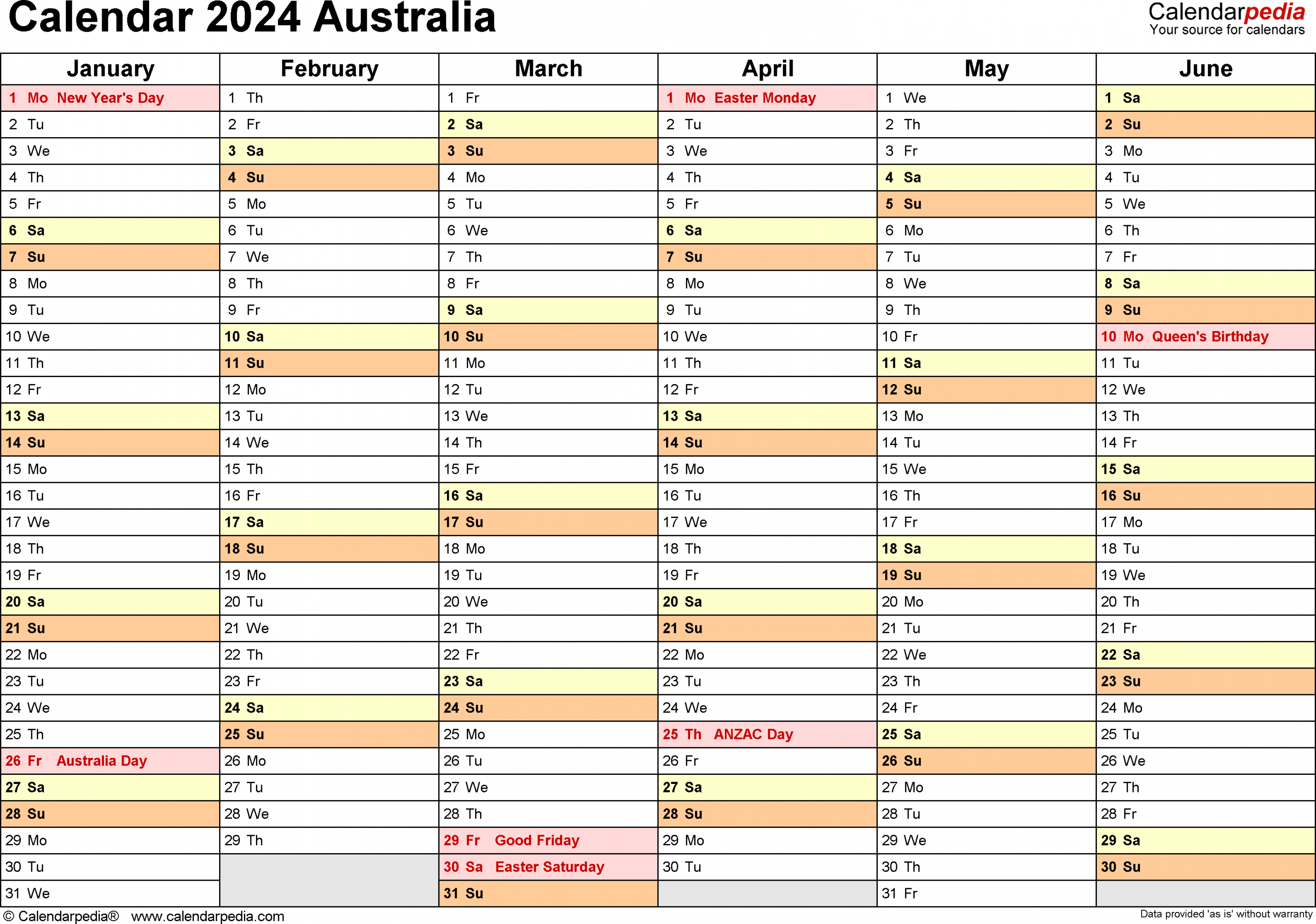 Australia Calendar  - Free Printable Excel templates