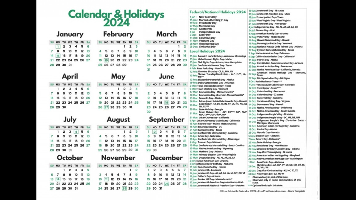 Calendar and National Holiday Dates