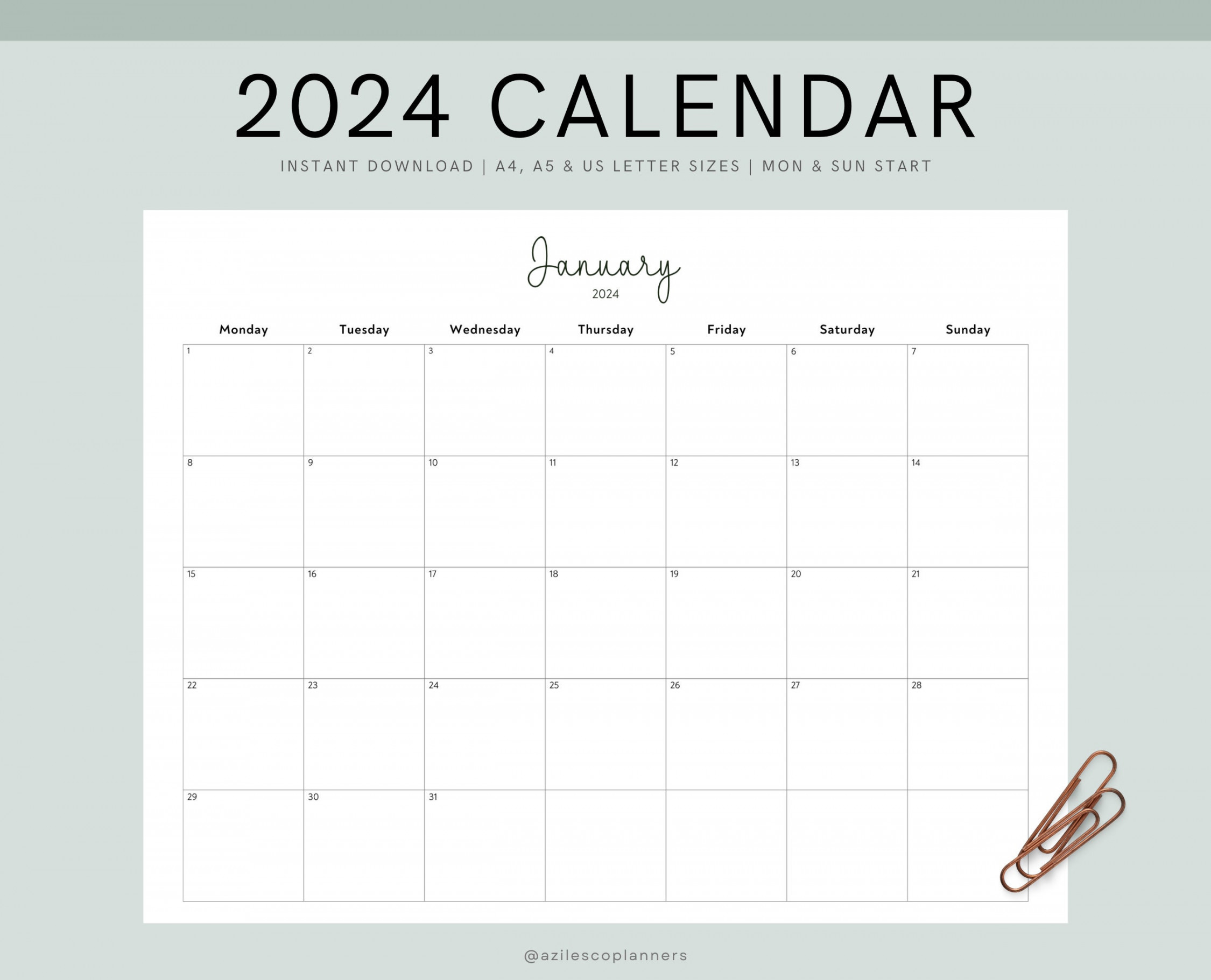 Calendar printable landscape, minimalist monthly calendar