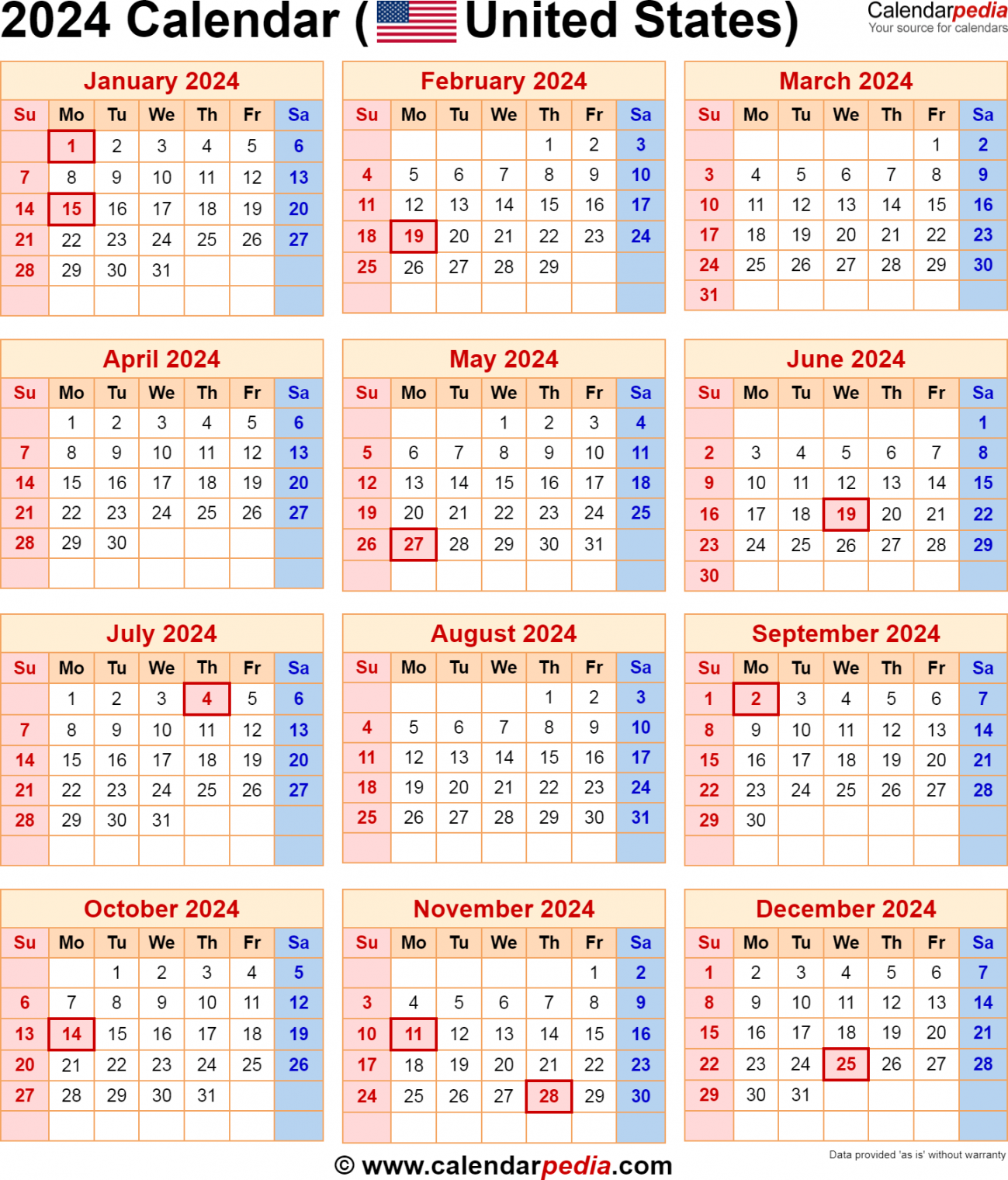 Calendar with Federal Holidays