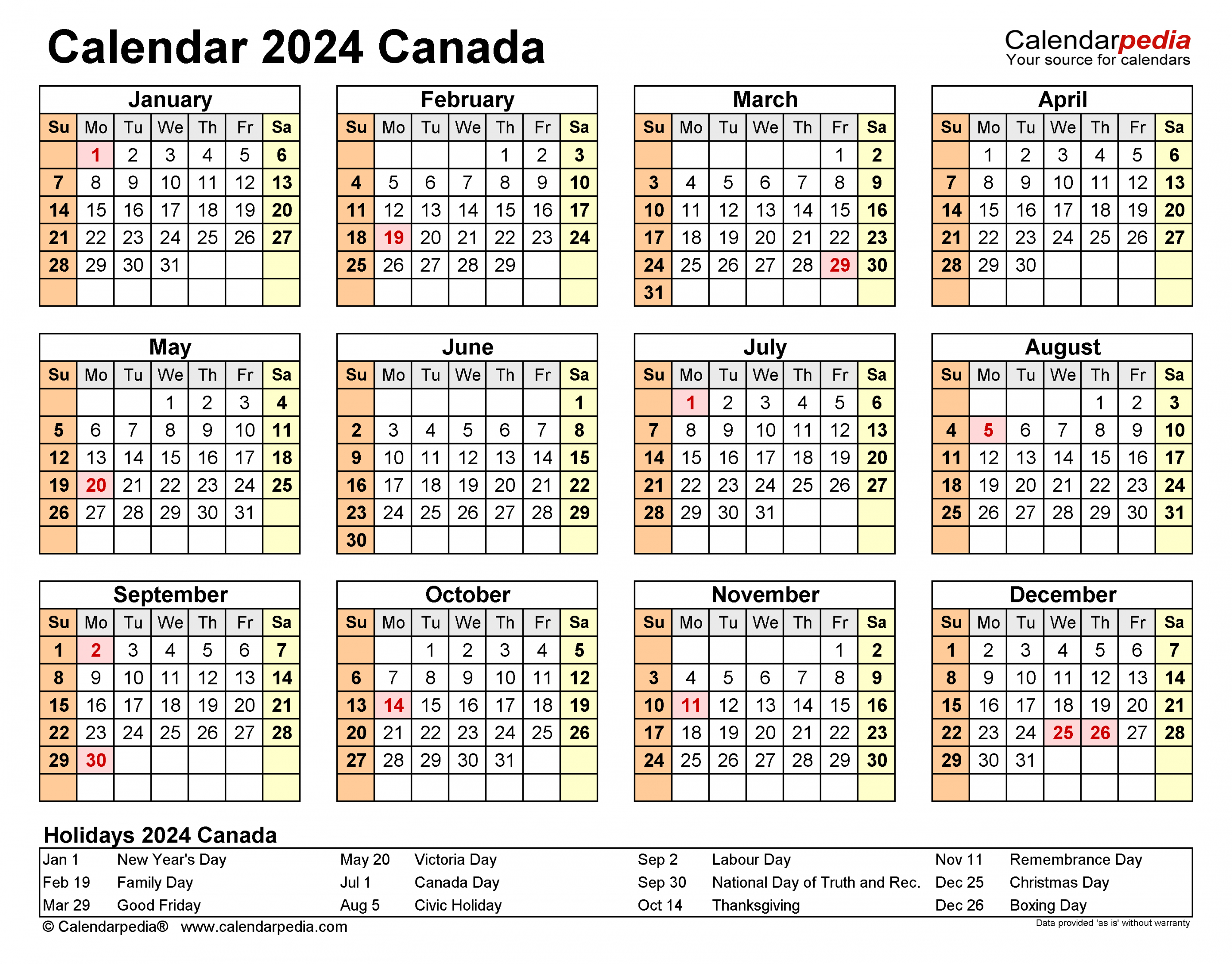 Canada Calendar  - Free Printable Excel templates