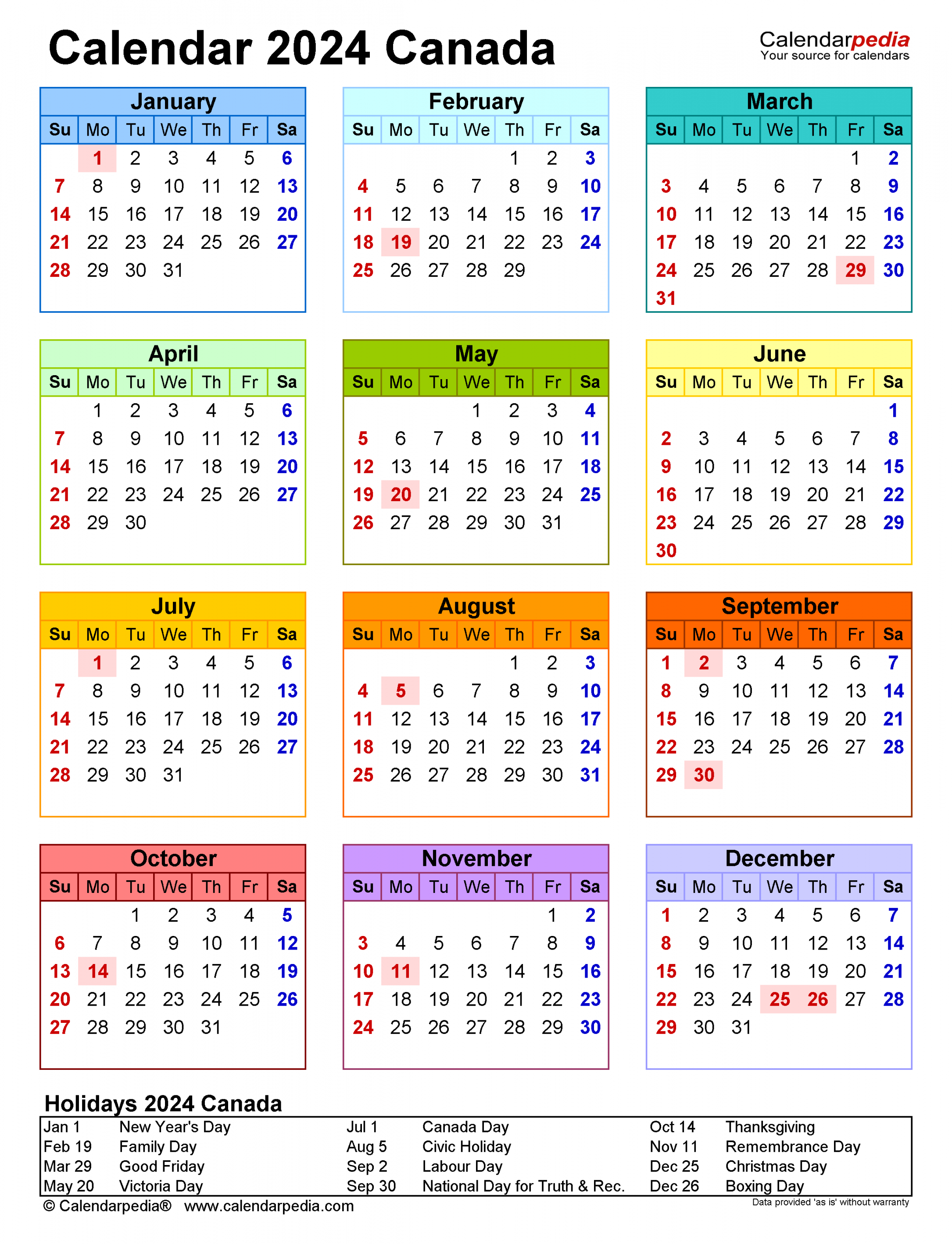 Canada Calendar  - Free Printable PDF templates