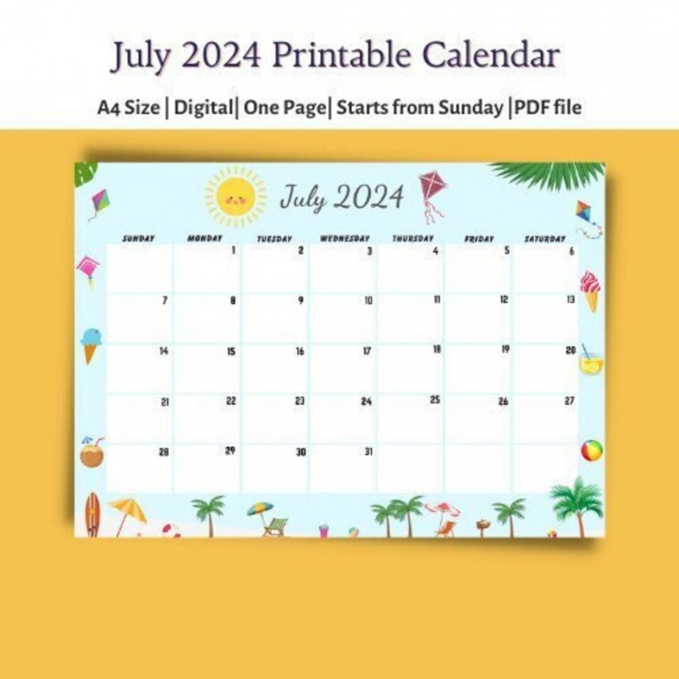 Colorful July  Calendar,july  Printable,a  Size,digital,pdf,digital,summer Calendar  Printable,summer Worksheet  Included - Etsy