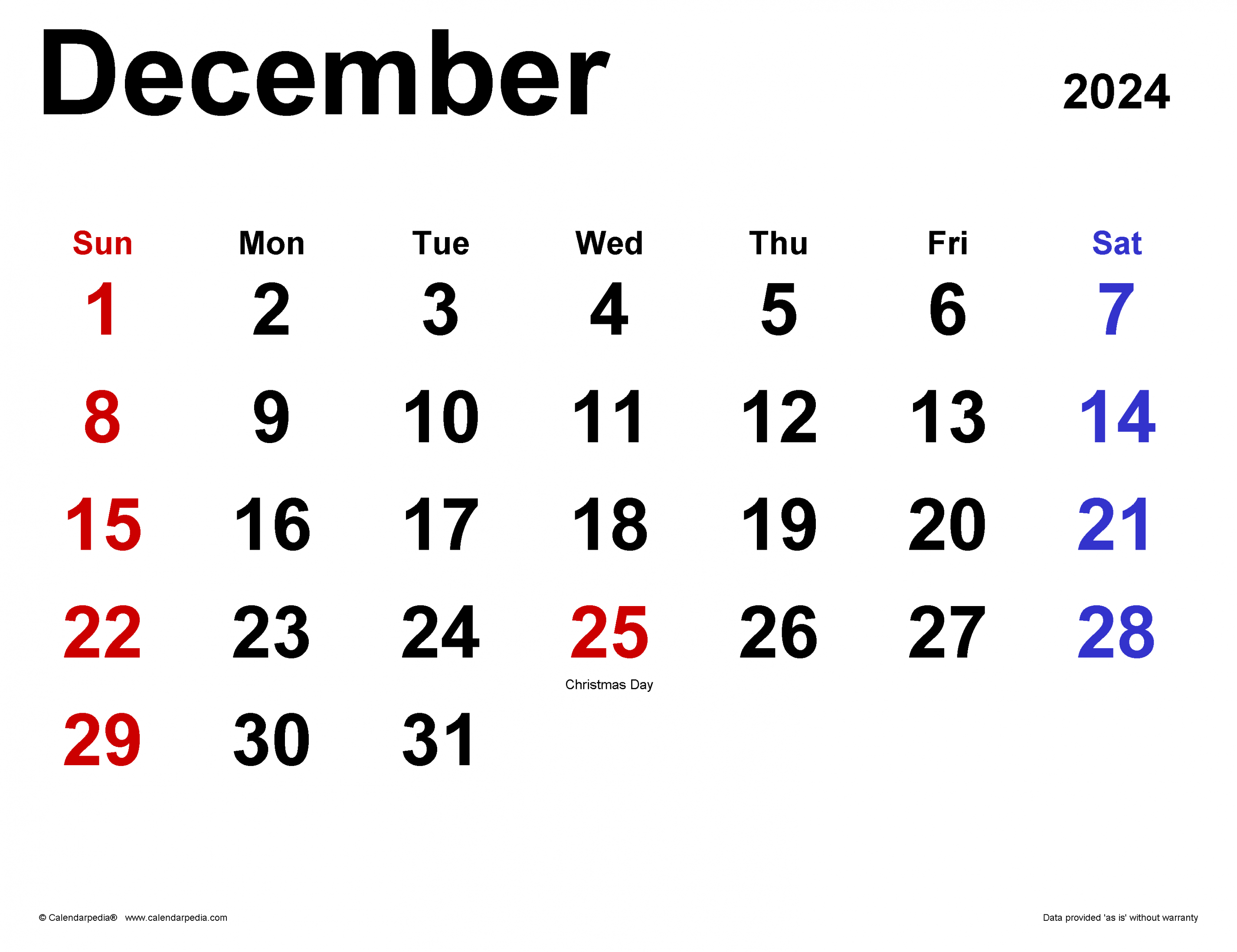 December  Calendar  Templates for Word, Excel and PDF