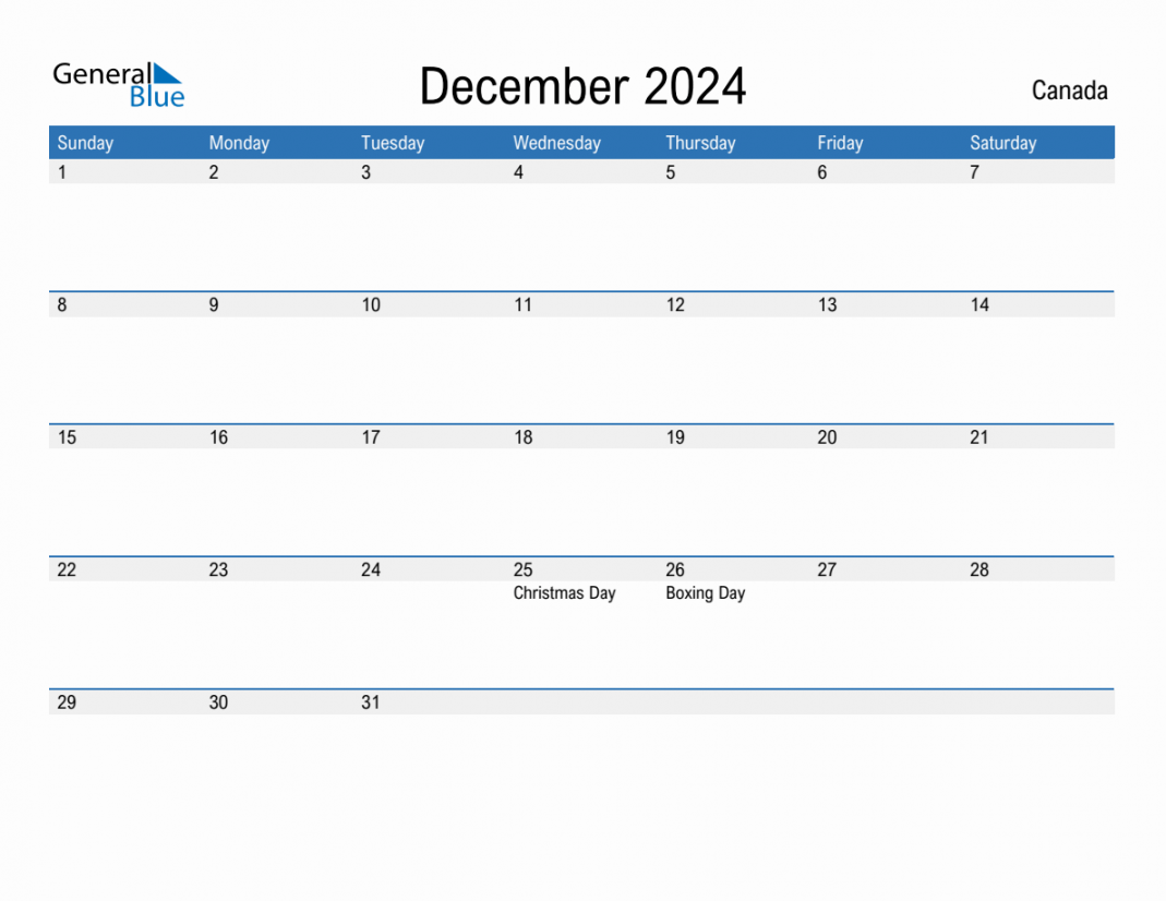 December  Monthly Calendar with Canada Holidays