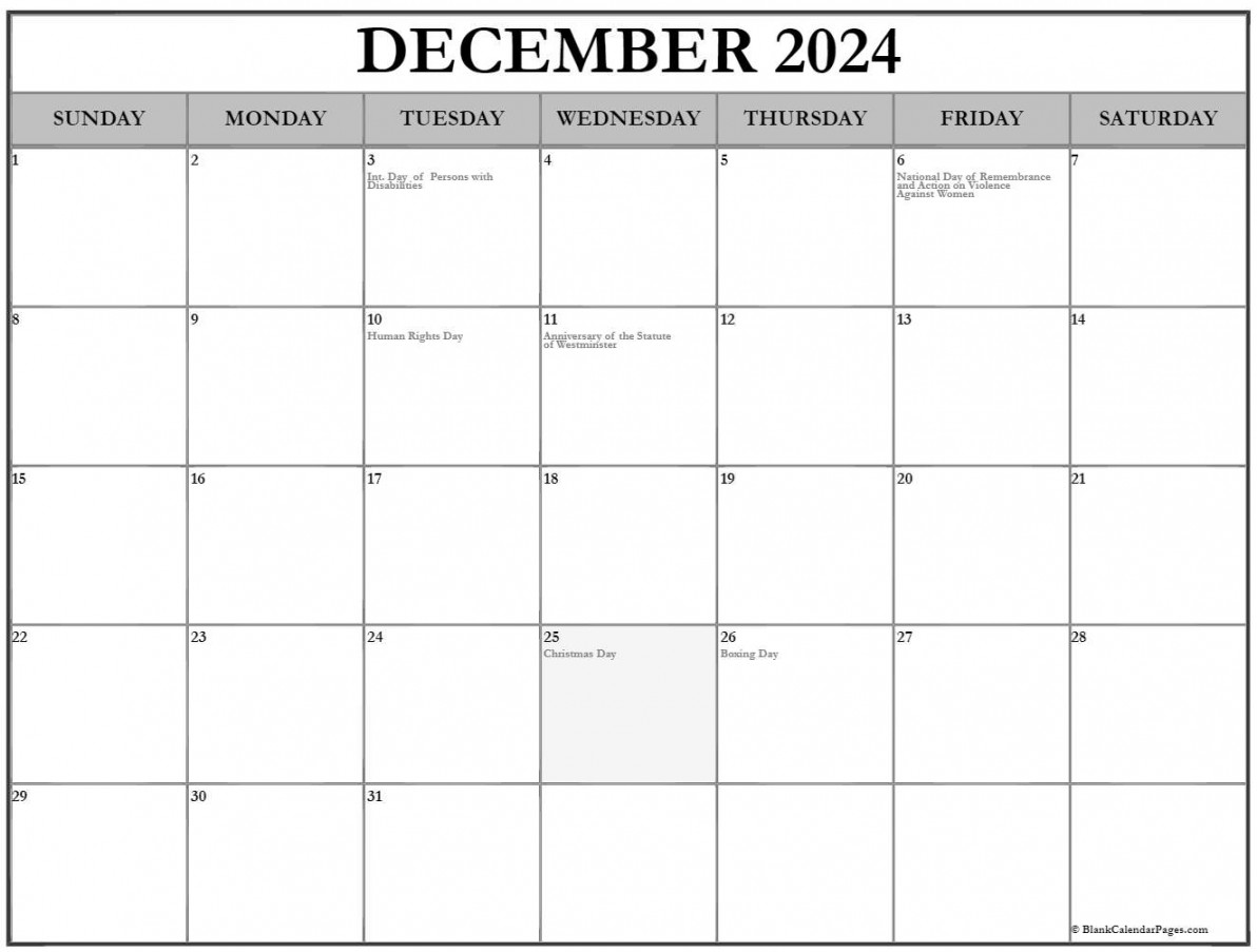 December  with holidays calendar