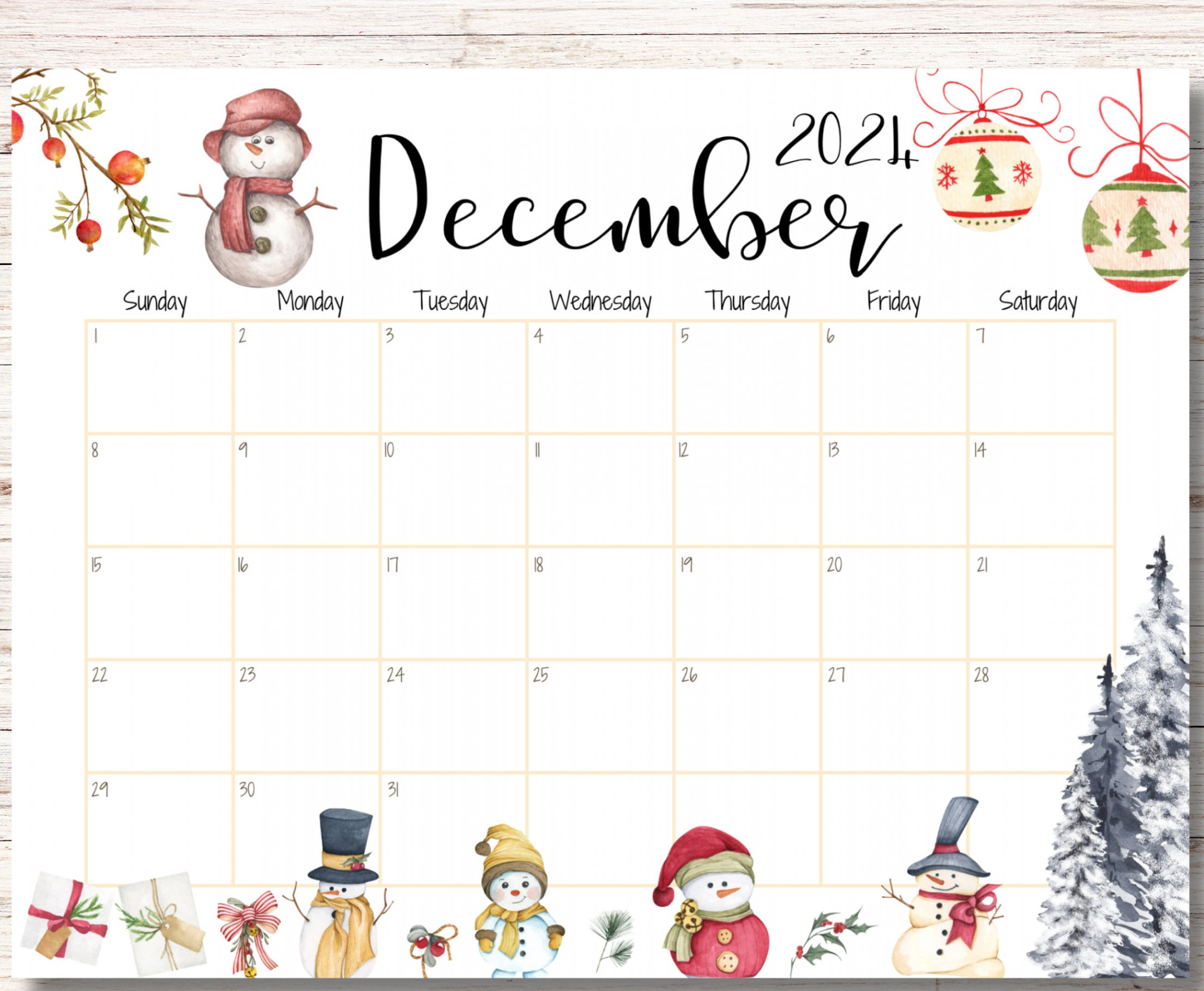 EDITABLE December  Calendar, Beautiful Winter, Cute Snowman