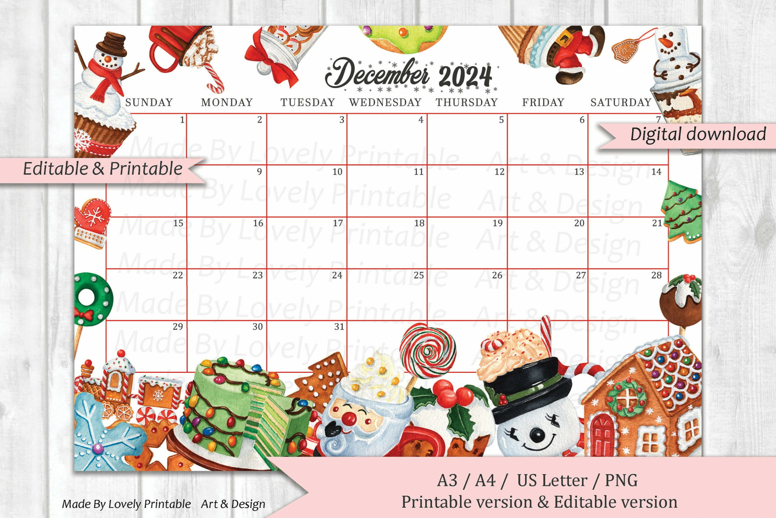 EDITABLE December  Calendar, Christmas Sweets & Drinks