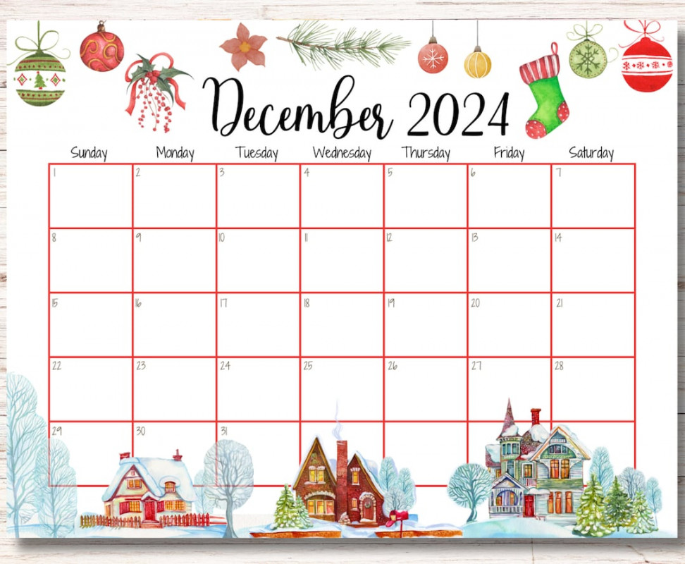 EDITABLE December  Calendar, Happy Christmas, Snowy Houses