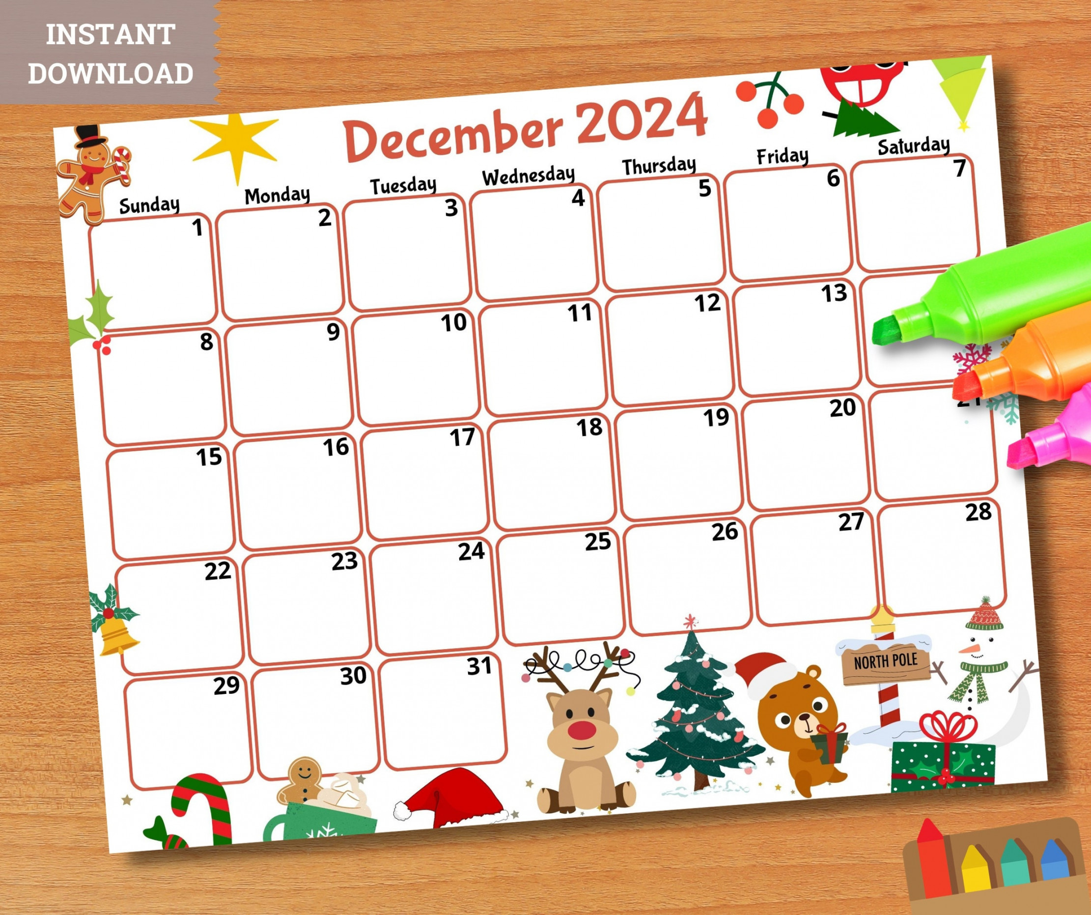 Editable december calendar, printable kids calendar