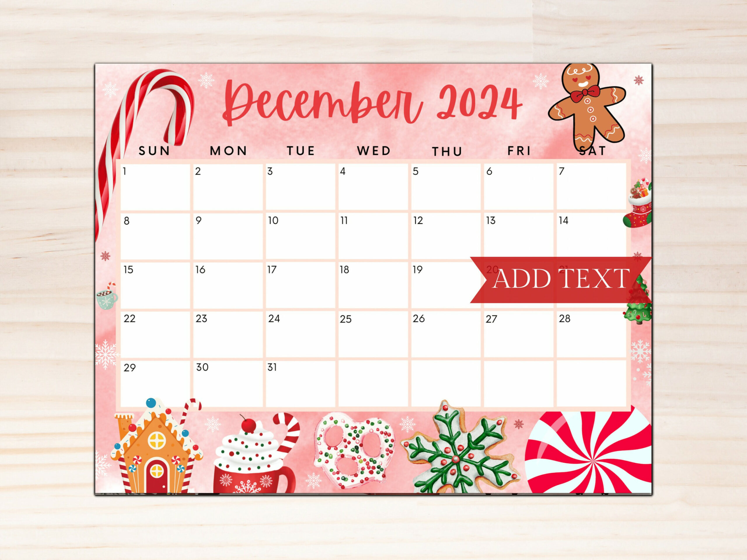 Editable December  Calendar, Printable Red Christmas Calendar