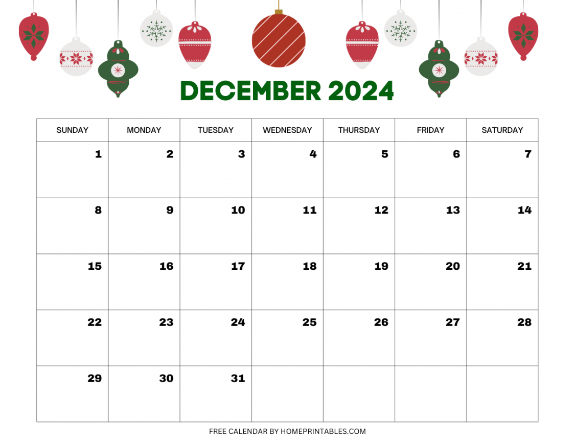 Free Printable December  Calendar for Instant Download!