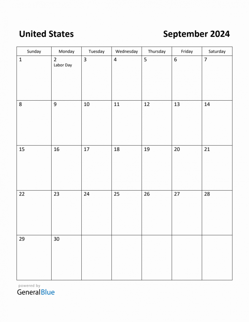 Free Printable September  Calendar for United States