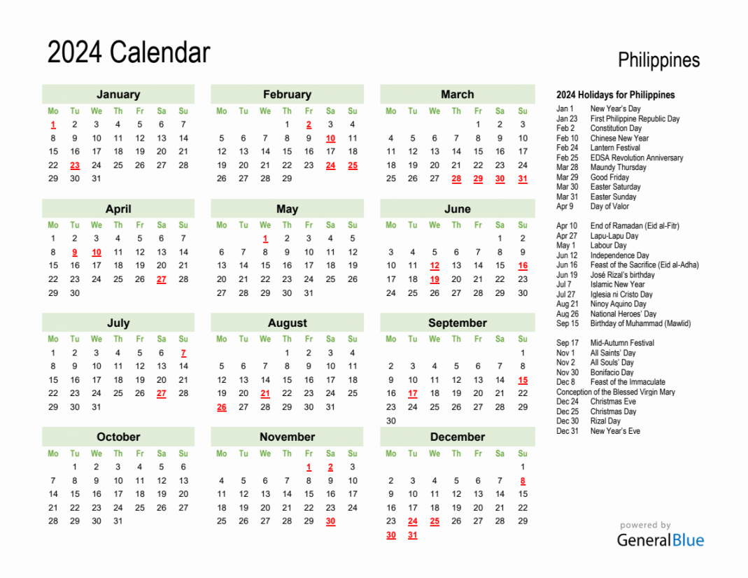 Holiday Calendar  for Philippines (Monday Start)