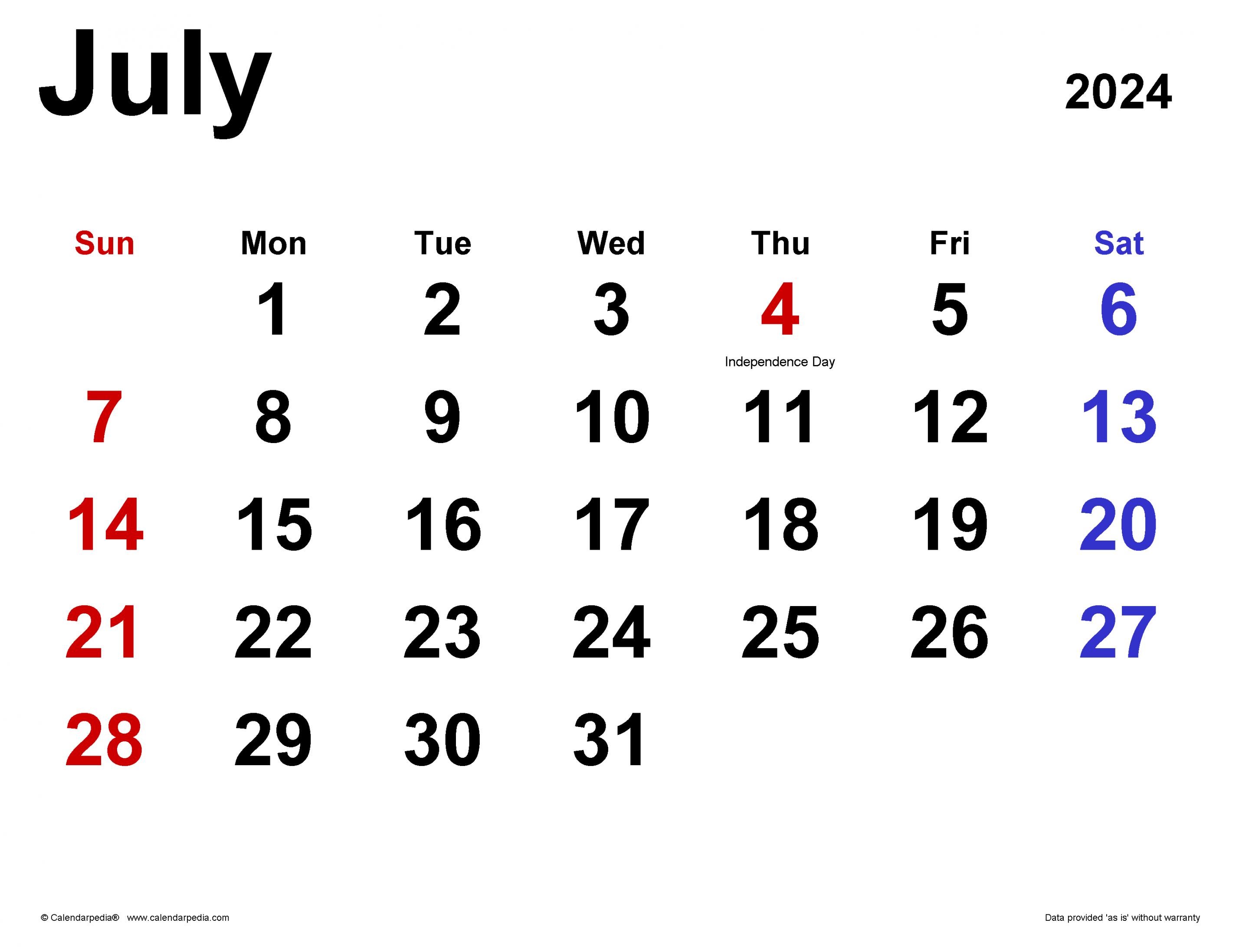 July  Calendar  Templates for Word, Excel and PDF