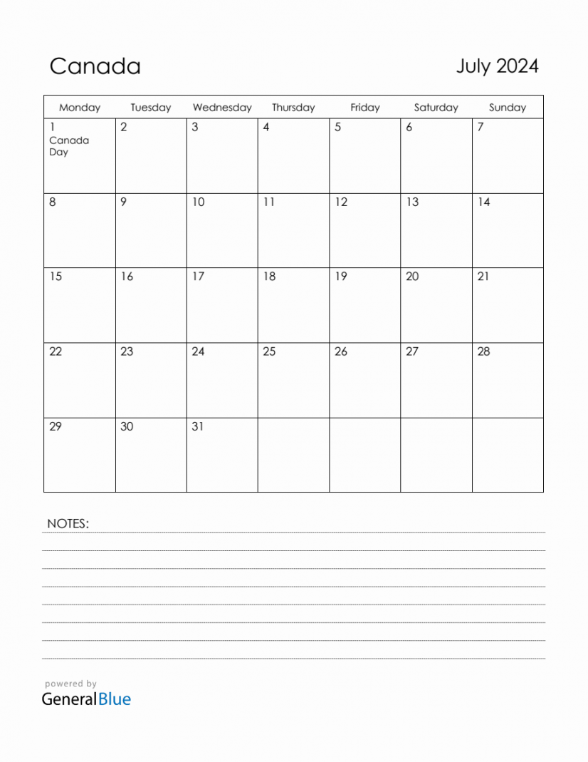 July  Canada Calendar with Holidays