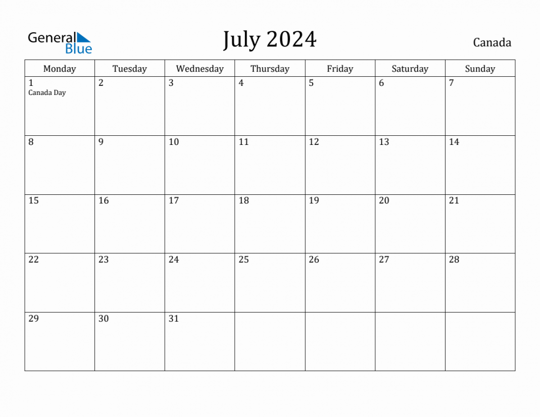 July  - Canada Monthly Calendar with Holidays