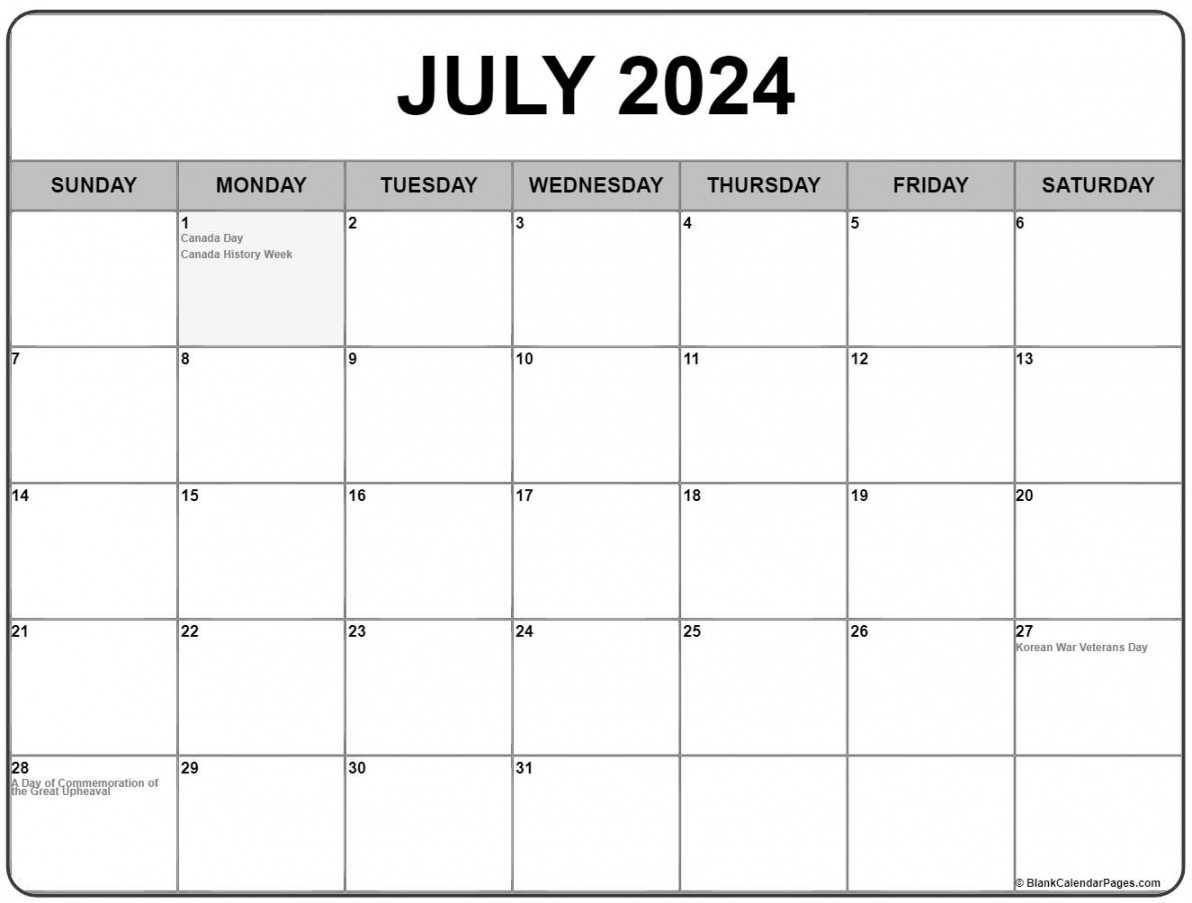 July with holidays calendar