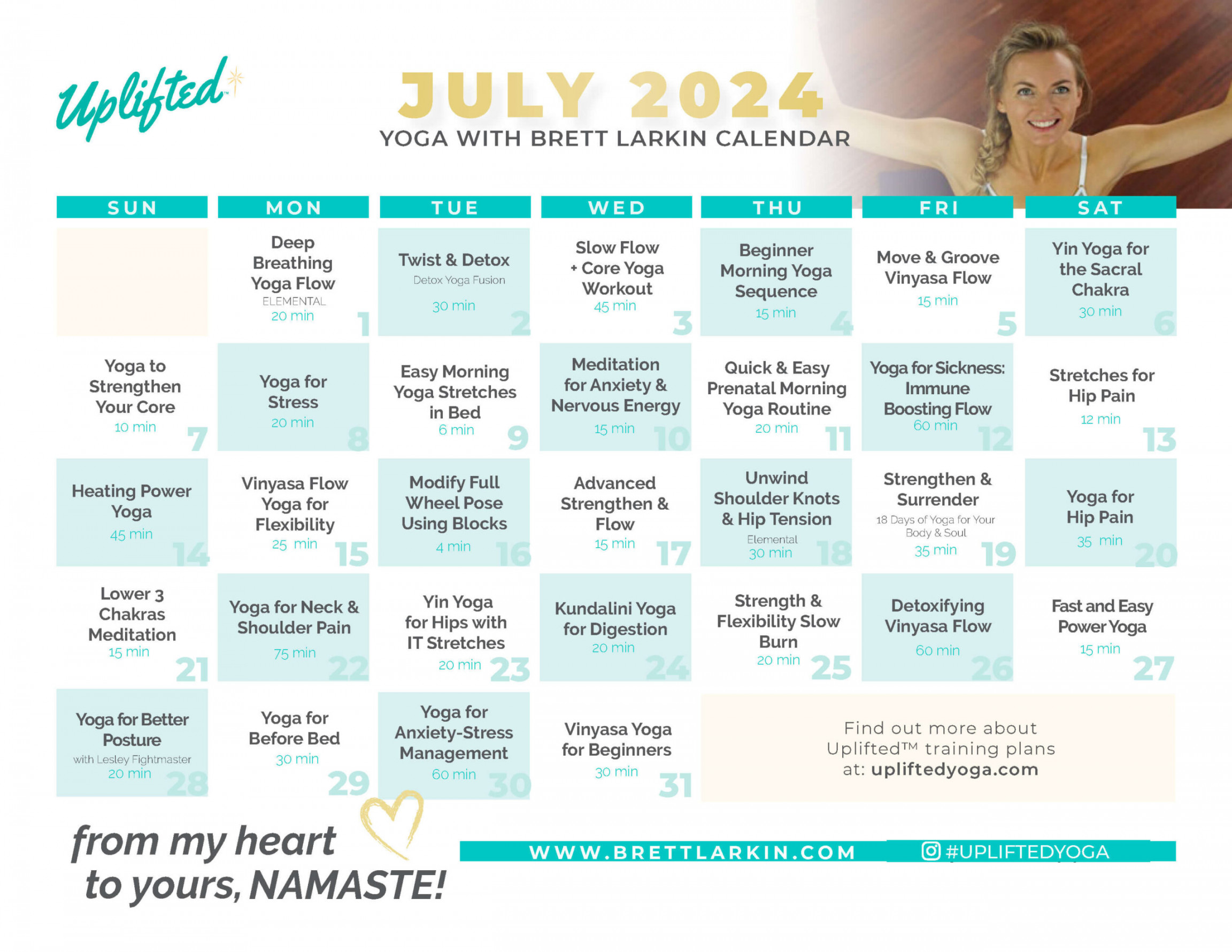 July  Yoga Calendar - Uplifted Yoga – Brett Larkin Yoga