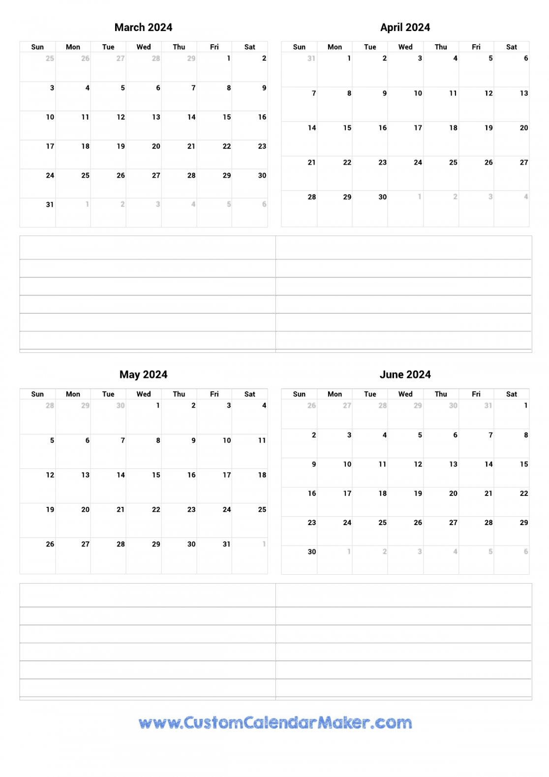 March to June  Printable Calendar