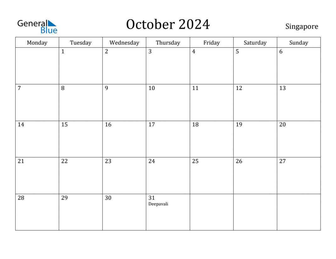 October  - Singapore Monthly Calendar with Holidays