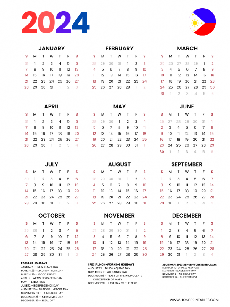 Philippines  Calendar with Holidays - Free Download!