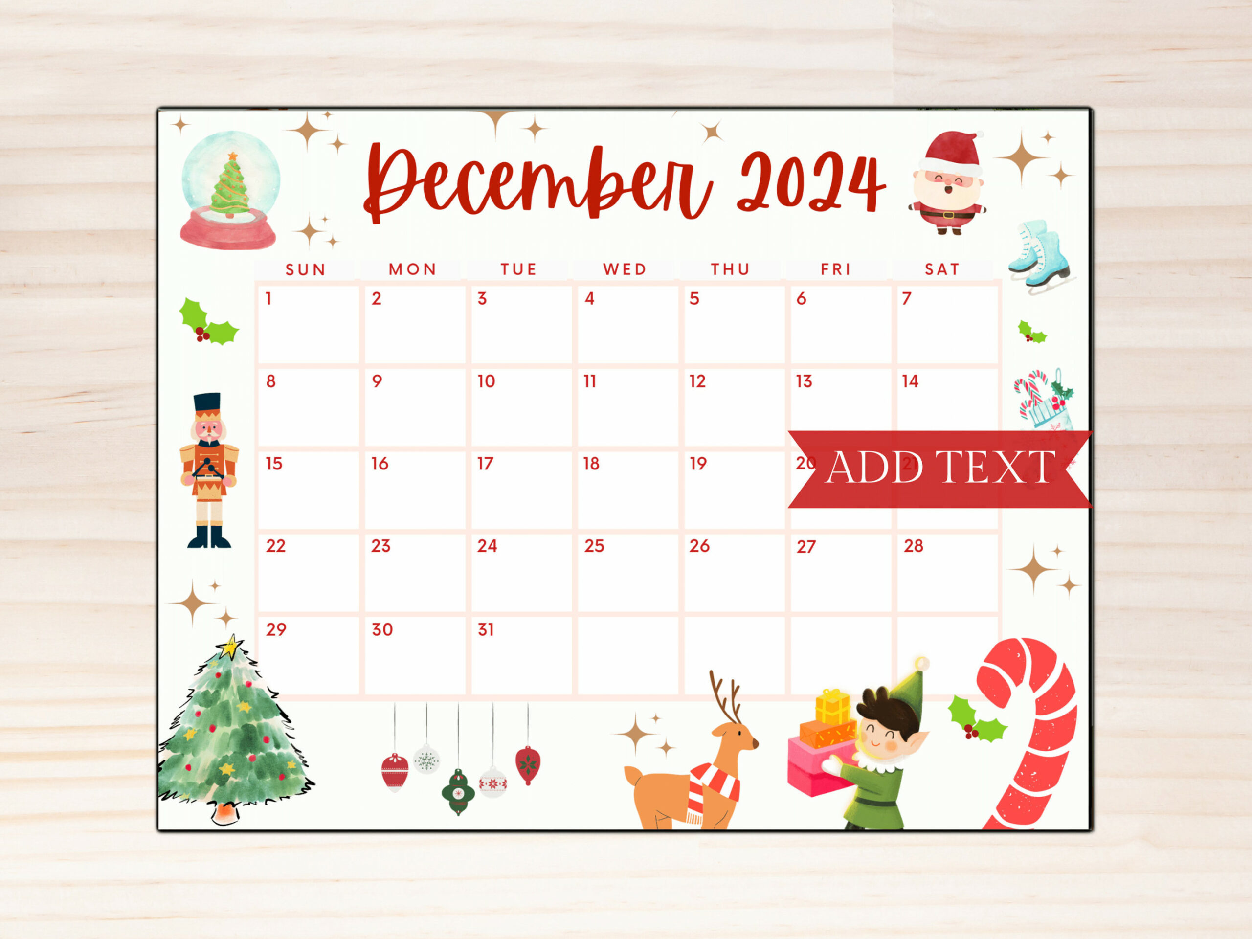 Printable December Calendar , Christmas Calendar, Holiday