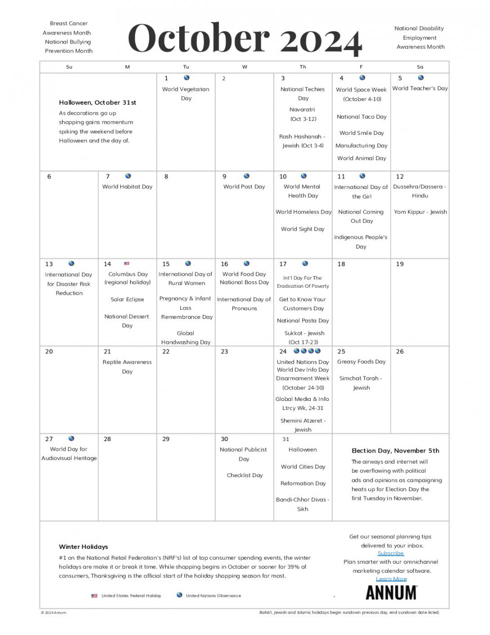 Printable October Calendar  October Holidays  Annum
