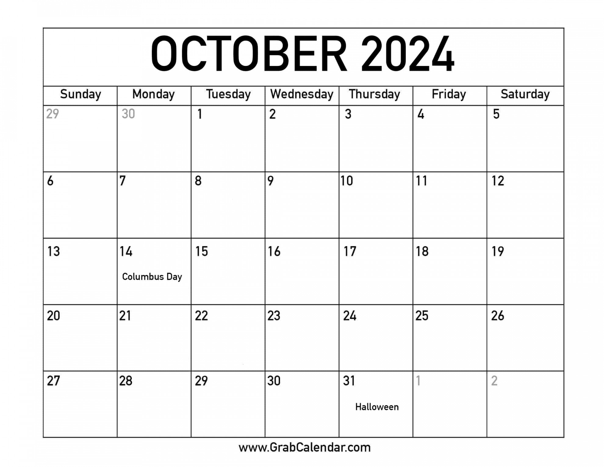 Printable October  Calendar