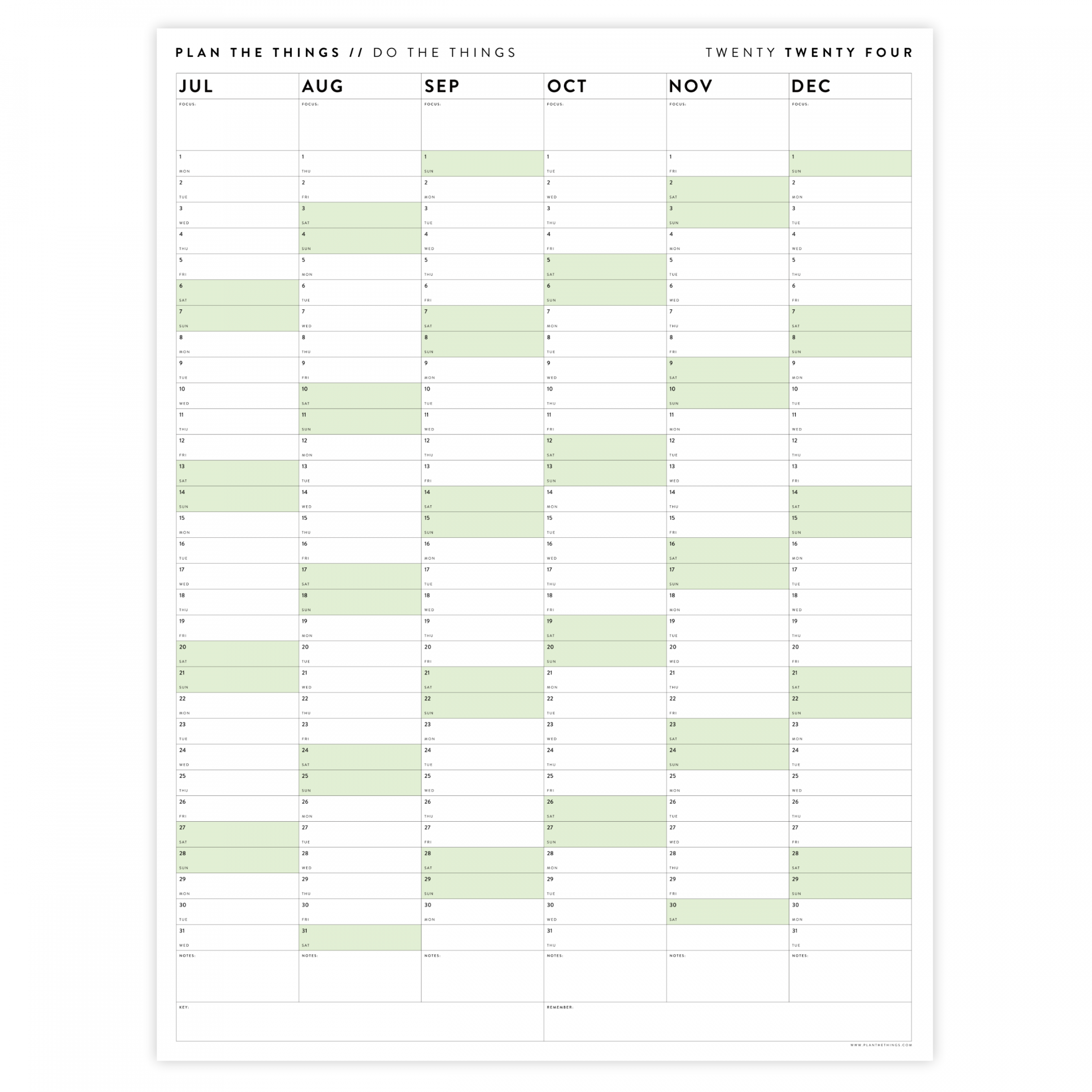 Printable six month wall calendar (july to december) with