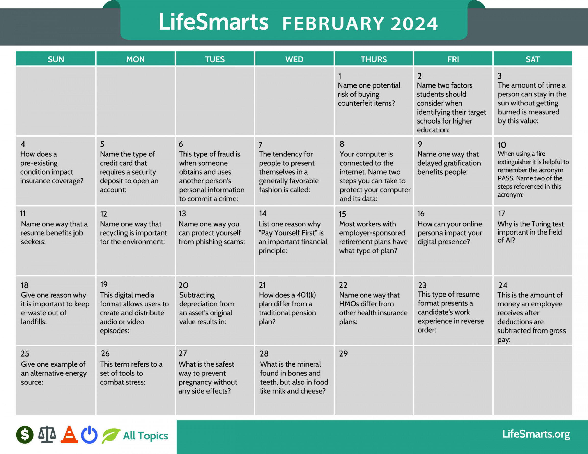 Question-of-the-Day LifeSmarts Calendars - LifeSmarts