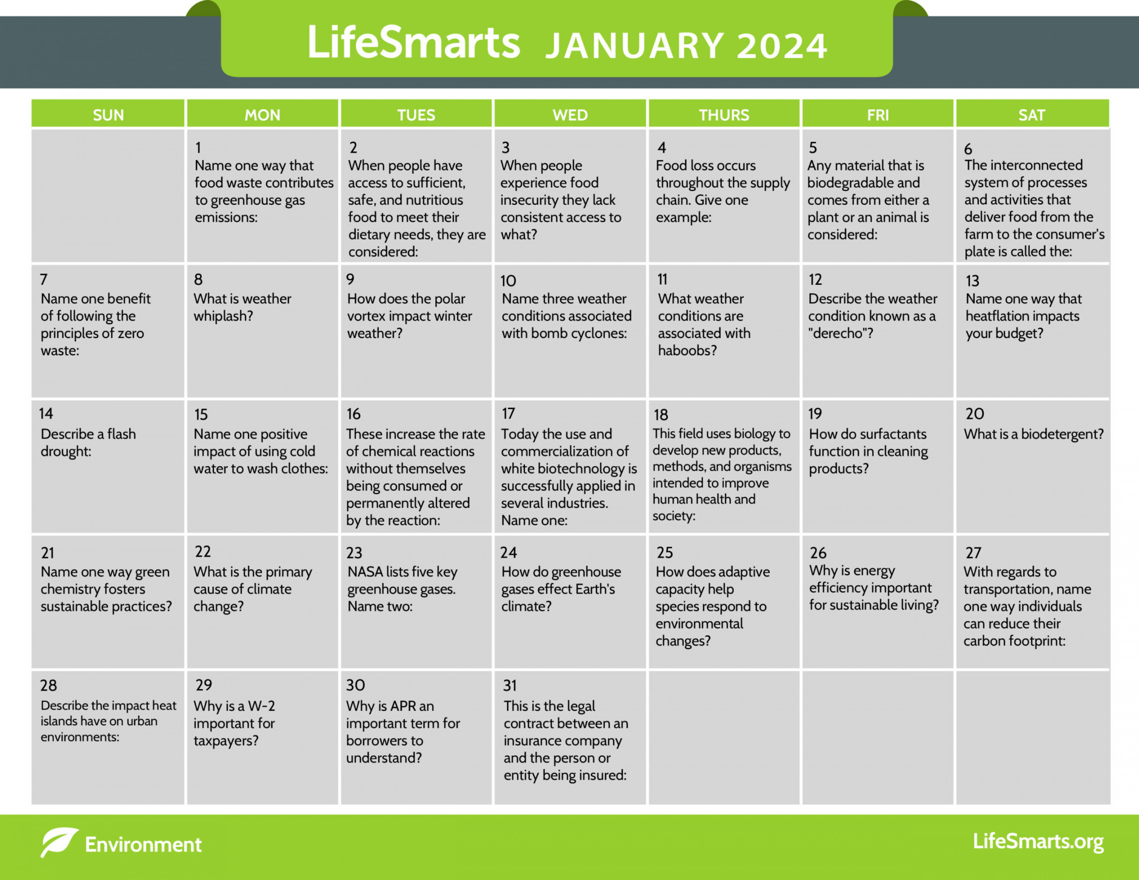 Question of the day lifesmarts calendars lifesmarts