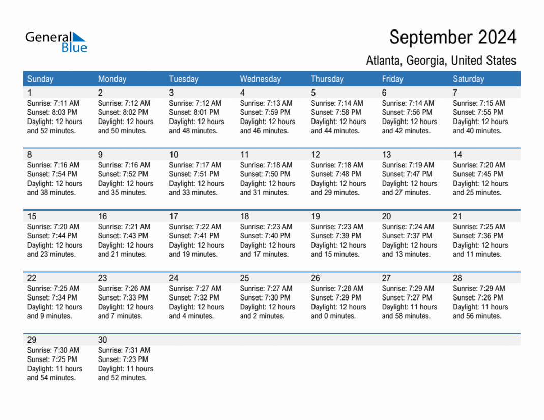 September  Sunrise and Sunset Calendar for Atlanta (PDF, Excel