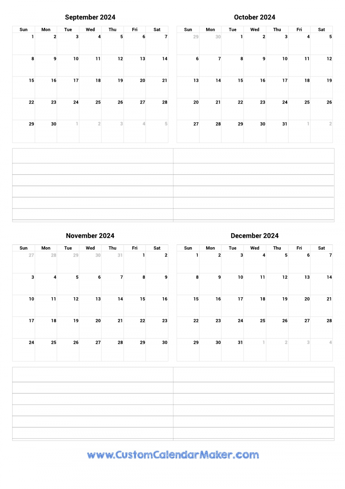 September to december printable calendar